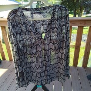 Maurices black with white designs sheer long sleeves blouse button front 3X